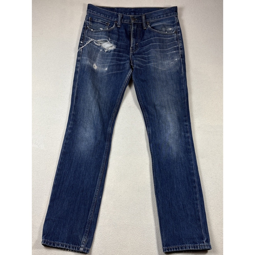Levis 511 Jeans Mens 31x32 Blue Denim Low Rise Slim Distressed Whiskering Thrash